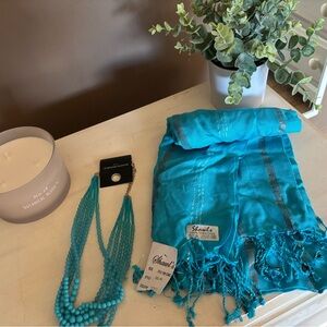 Blue Silky Scarf with Fringed Edges